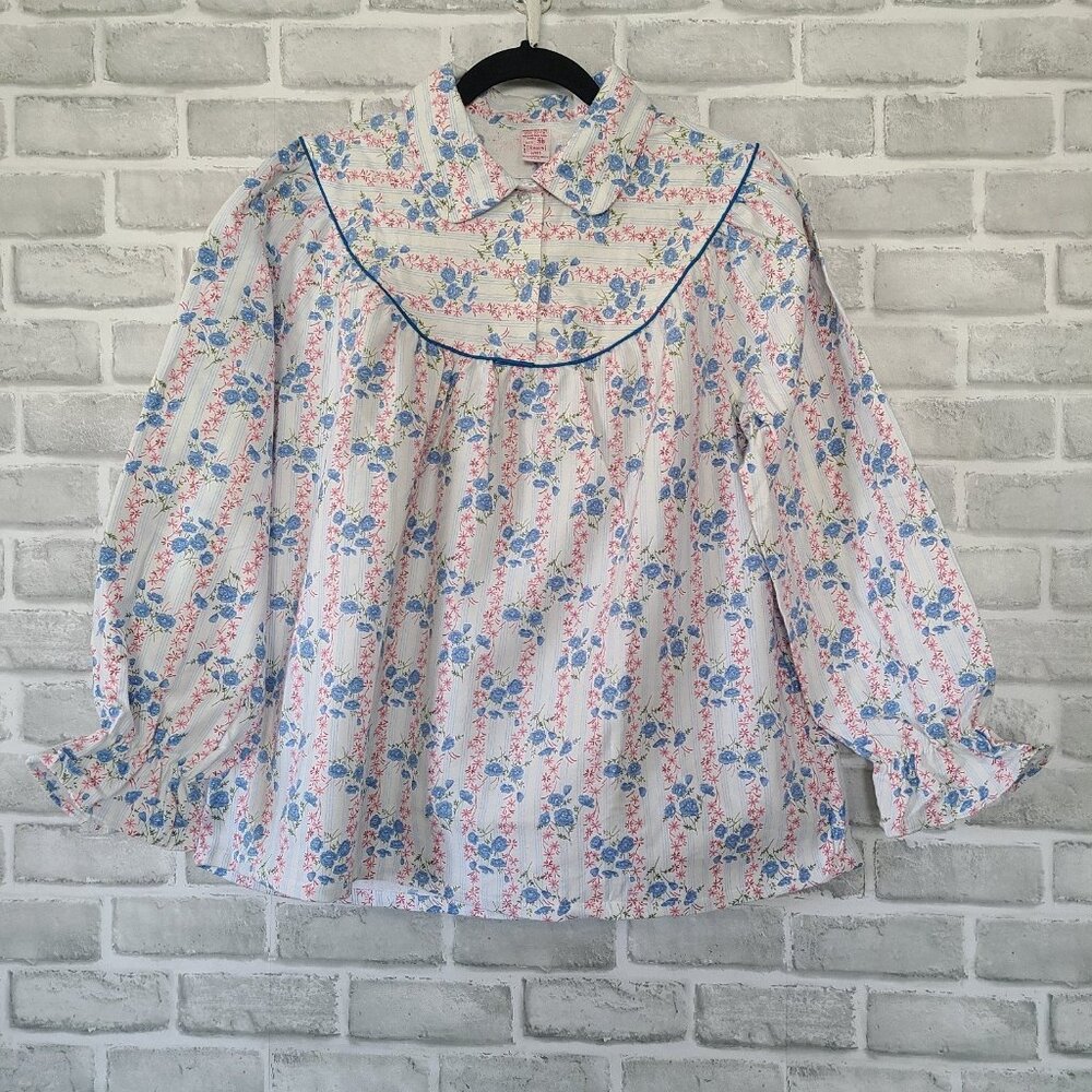 Vintage Sears Roebuck Floral Cotton Flannel Pajama Top Babydoll Long Sleeve 38